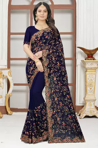 Navy blue sequin zari resham embroidered work georgette designer saree for women