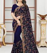 Navy blue sequin zari resham embroidered work georgette designer saree for women