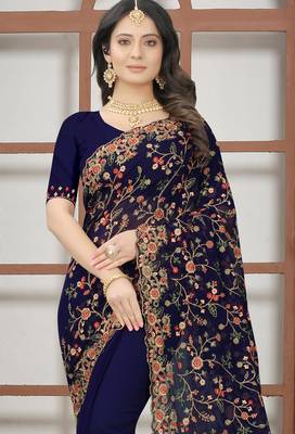 Navy blue sequin zari resham embroidered work georgette designer saree for women 3