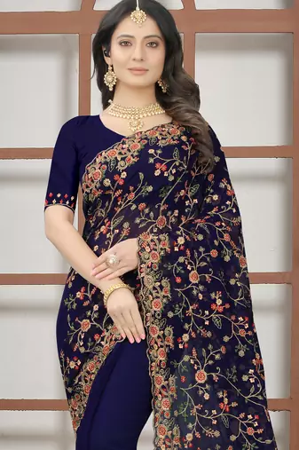 Navy blue sequin zari resham embroidered work georgette designer saree for women