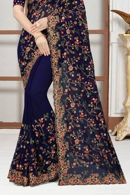 Navy blue sequin zari resham embroidered work georgette designer saree for women 4