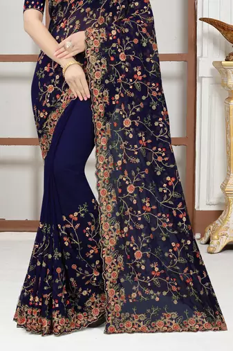 Navy blue sequin zari resham embroidered work georgette designer saree for women