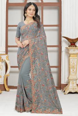 Grey sequin zari resham embroidered work georgette designer saree for women 1