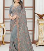 Grey sequin zari resham embroidered work georgette designer saree for women