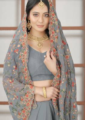 Grey sequin zari resham embroidered work georgette designer saree for women 2