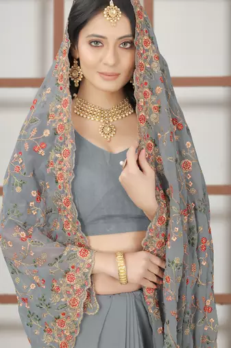 Grey sequin zari resham embroidered work georgette designer saree for women