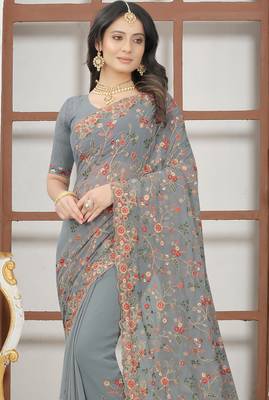 Grey sequin zari resham embroidered work georgette designer saree for women 3