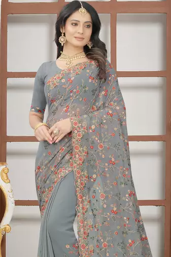 Grey sequin zari resham embroidered work georgette designer saree for women