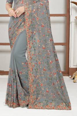 Grey sequin zari resham embroidered work georgette designer saree for women 4