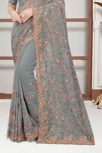 Grey sequin zari resham embroidered work georgette designer saree for women