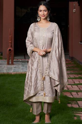 Women's cream vichitra silk sequin embroidered kurta pant set with vichitra silk dupatta