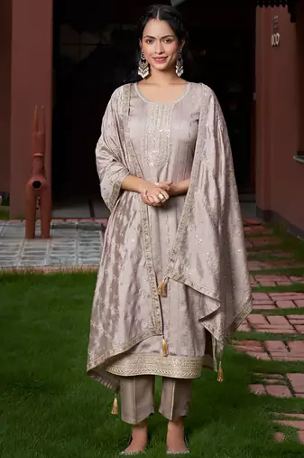 Women's cream vichitra silk sequin embroidered kurta pant set with vichitra silk dupatta