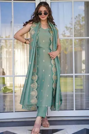 Women's olive green viscose chanderi sequin embroidered kurta pant set with dupatta