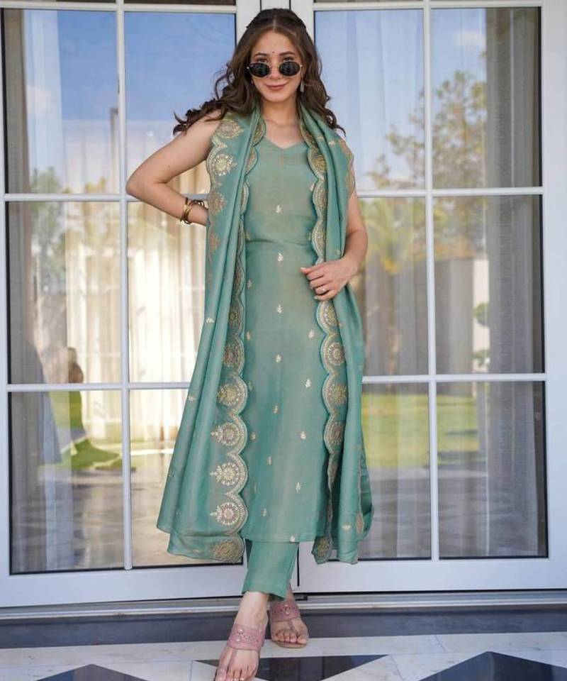 Women's olive green viscose chanderi sequin embroidered kurta pant set with dupatta