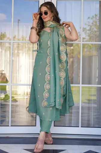 Women's olive green viscose chanderi sequin embroidered kurta pant set with dupatta