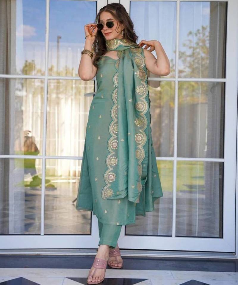 Women's olive green viscose chanderi sequin embroidered kurta pant set with dupatta
