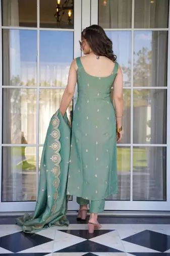 Women's olive green viscose chanderi sequin embroidered kurta pant set with dupatta