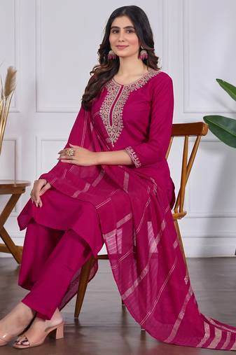 Women's pink rayon slub sequin embroidered kurta pant set with chanderi dupatta