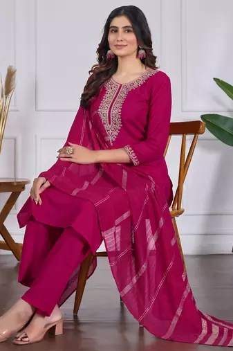 Women's pink rayon slub sequin embroidered kurta pant set with chanderi dupatta