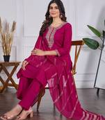 Women's pink rayon slub sequin embroidered kurta pant set with chanderi dupatta