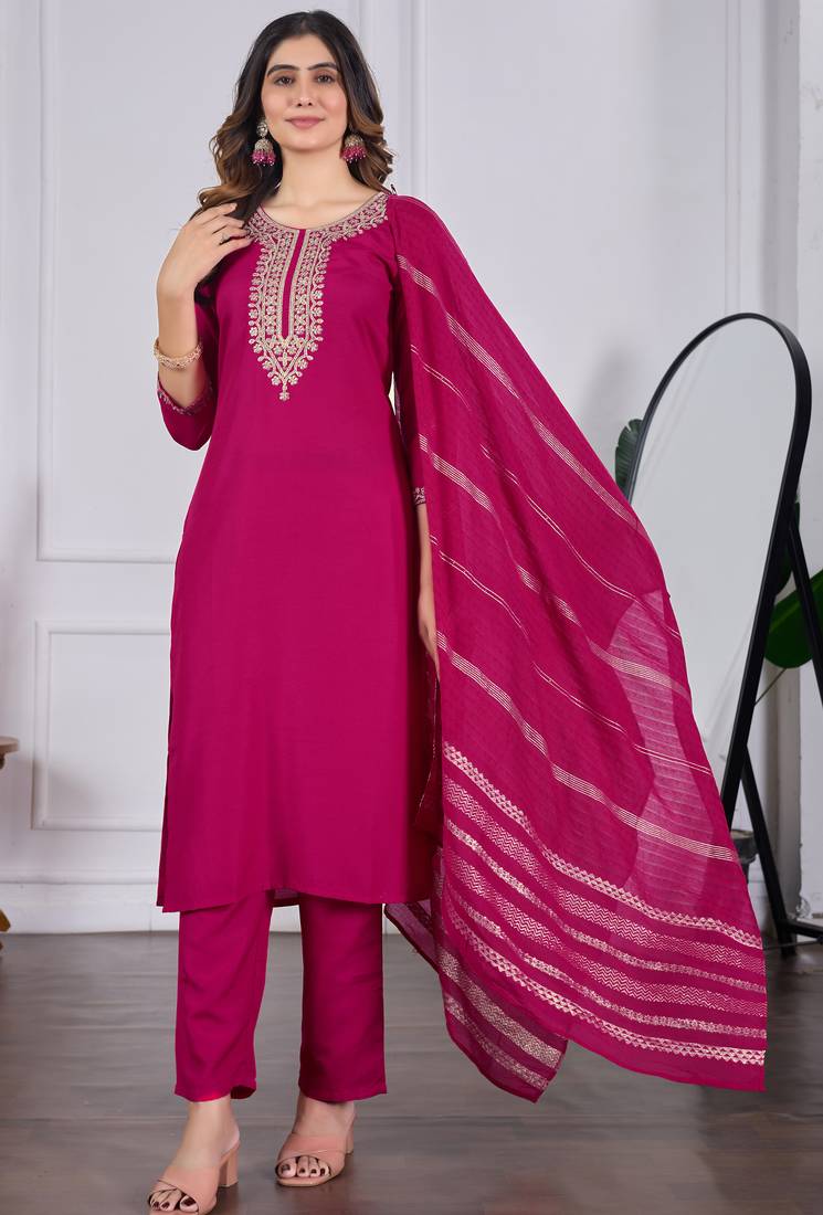 Women's pink rayon slub sequin embroidered kurta pant set with chanderi dupatta
