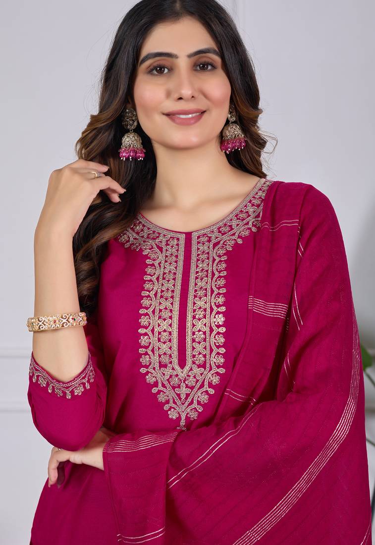 Women's pink rayon slub sequin embroidered kurta pant set with chanderi dupatta