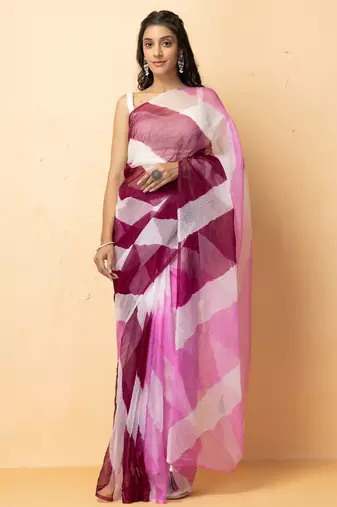 Pink Purple Shaded Organza Hand Dyed Leheriya Saree With Tassels