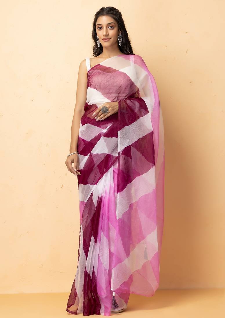 Pink Purple Shaded Organza Hand Dyed Leheriya Saree With Tassels