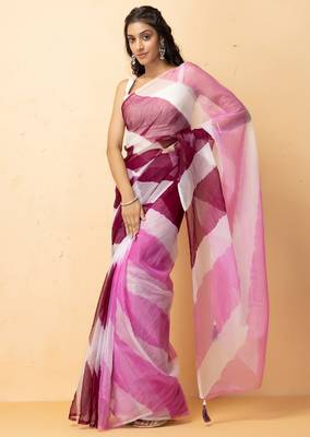 pink white organza leheriya saree party wear 2