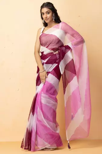 pink white organza leheriya saree party wear