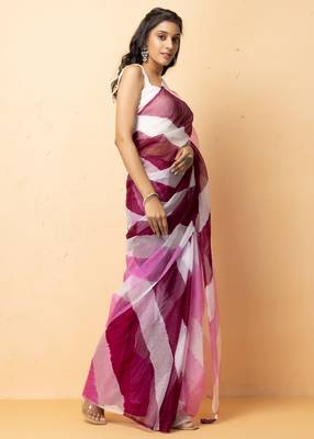 pink white organza leheriya saree party wear 3