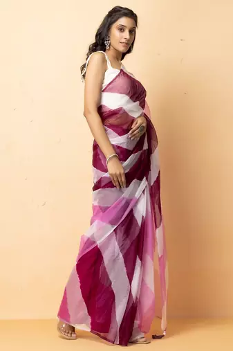 pink white organza leheriya saree party wear