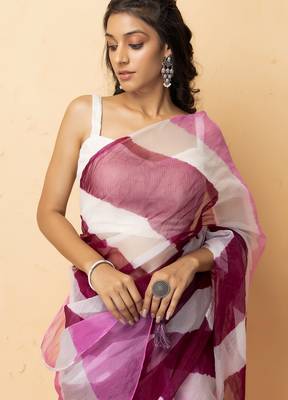 pink white organza leheriya saree party wear 4