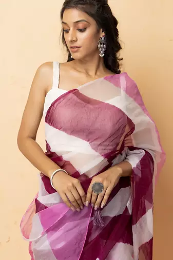 pink white organza leheriya saree party wear