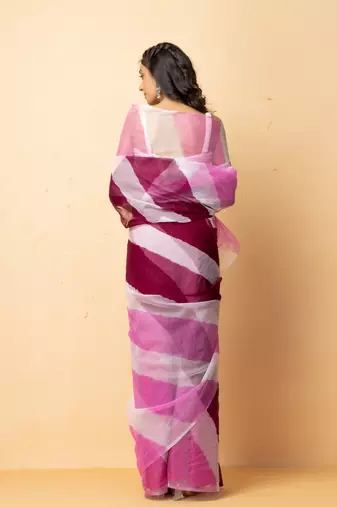 pink white organza leheriya saree party wear