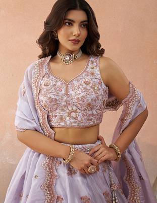 Lavender- Tissue Sequins Embroidered Semi-Stitched Lehenga  & Unstitched Blouse With Dupatta 2