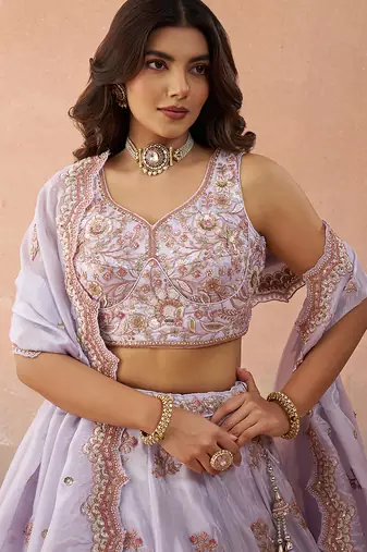 Lavender- Tissue Sequins Embroidered Semi-Stitched Lehenga & Unstitched Blouse With Dupatta