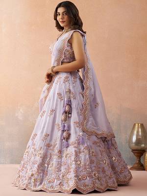Lavender- Tissue Sequins Embroidered Semi-Stitched Lehenga  & Unstitched Blouse With Dupatta 3