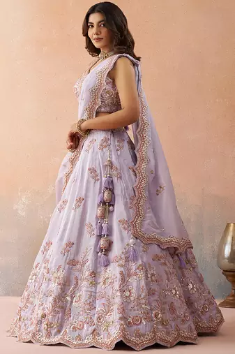 Lavender- Tissue Sequins Embroidered Semi-Stitched Lehenga  & Unstitched Blouse With Dupatta