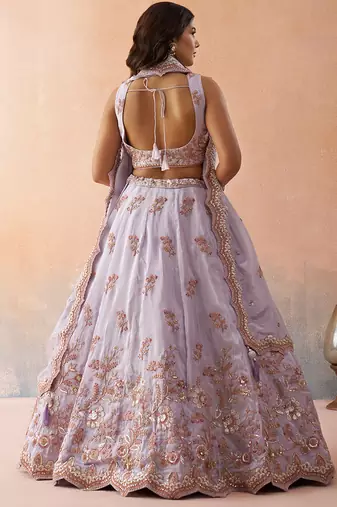 Lavender- Tissue Sequins Embroidered Semi-Stitched Lehenga  & Unstitched Blouse With Dupatta