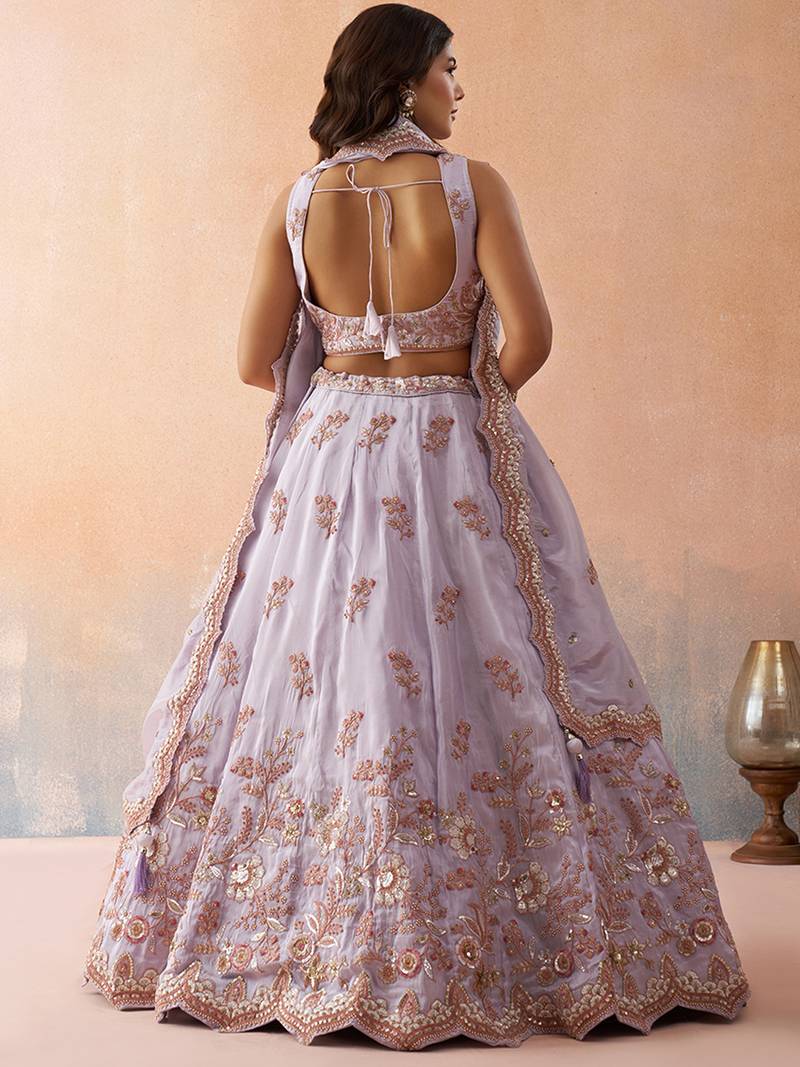 Lavender- Tissue Sequins Embroidered Semi-Stitched Lehenga & Unstitched Blouse With Dupatta