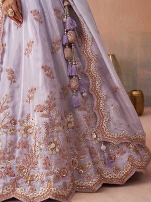 Lavender- Tissue Sequins Embroidered Semi-Stitched Lehenga  & Unstitched Blouse With Dupatta 5