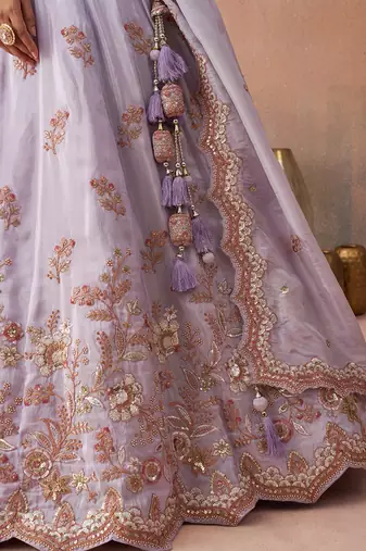 Lavender- Tissue Sequins Embroidered Semi-Stitched Lehenga  & Unstitched Blouse With Dupatta