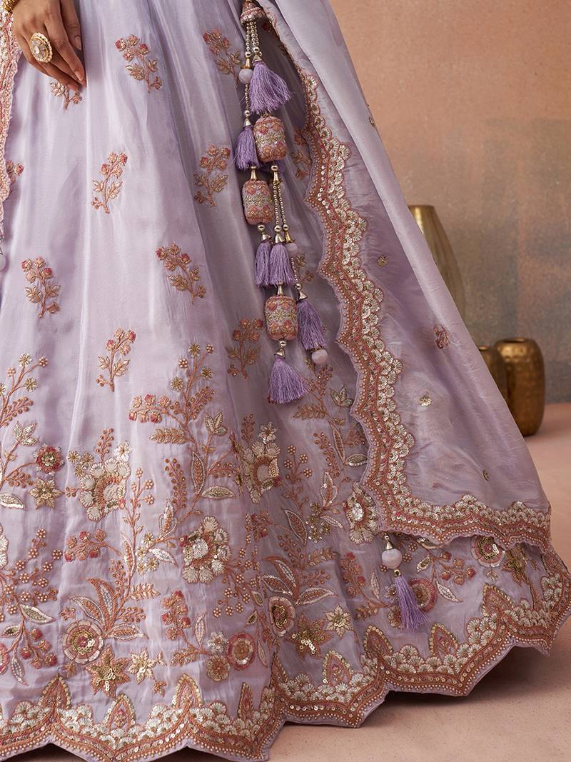 Lavender- Tissue Sequins Embroidered Semi-Stitched Lehenga & Unstitched Blouse With Dupatta