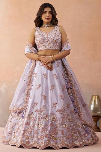 Lavender- Tissue Sequins Embroidered Semi-Stitched Lehenga & Unstitched Blouse With Dupatta