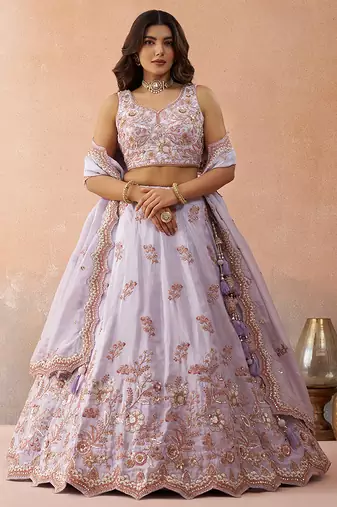 Lavender- Tissue Sequins Embroidered Semi-Stitched Lehenga & Unstitched Blouse With Dupatta