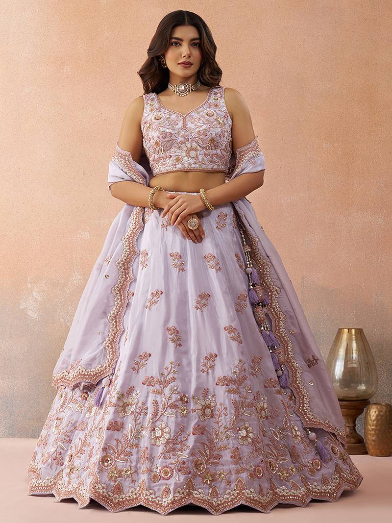 Lavender- Tissue Sequins Embroidered Semi-Stitched Lehenga & Unstitched Blouse With Dupatta