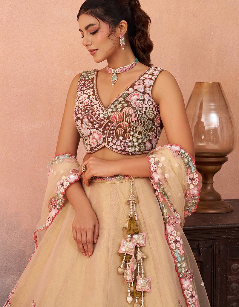 Brown- Net Sequins Embroidered Omber Brown Semi-Stitched Lehenga choli & Dupatta