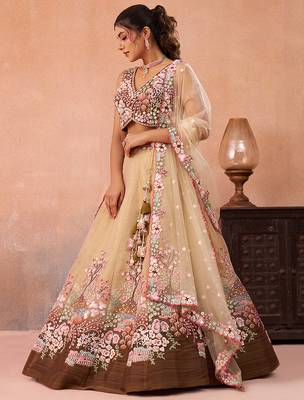 Brown- Net Sequins Embroidered Omber Brown Semi-Stitched Lehenga choli & Dupatta 3