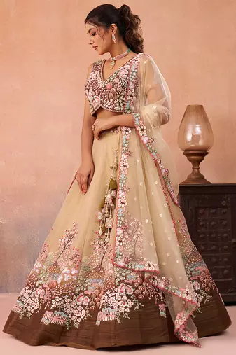 Brown- Net Sequins Embroidered Omber Brown Semi-Stitched Lehenga choli & Dupatta